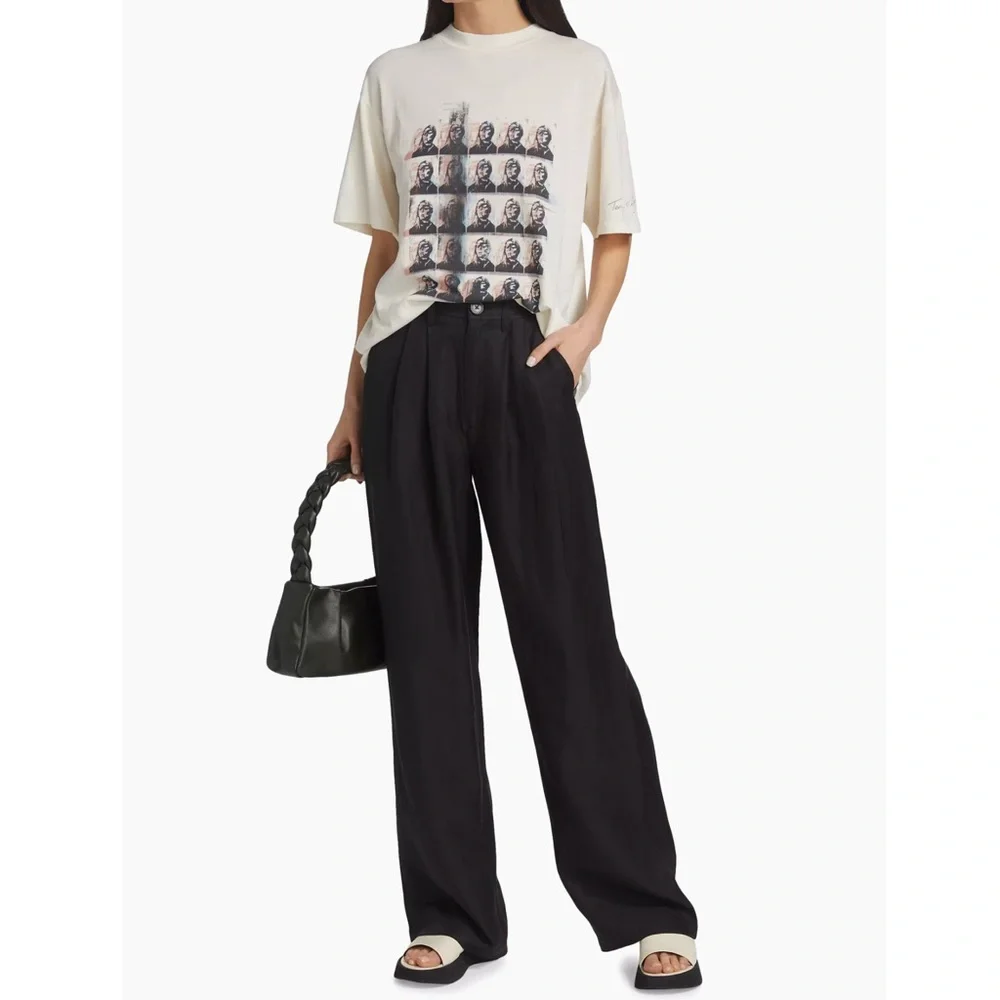 Anine Bing Carrie Pants Black Pleated Front Linen Blend, Size 34 (US Size 4)